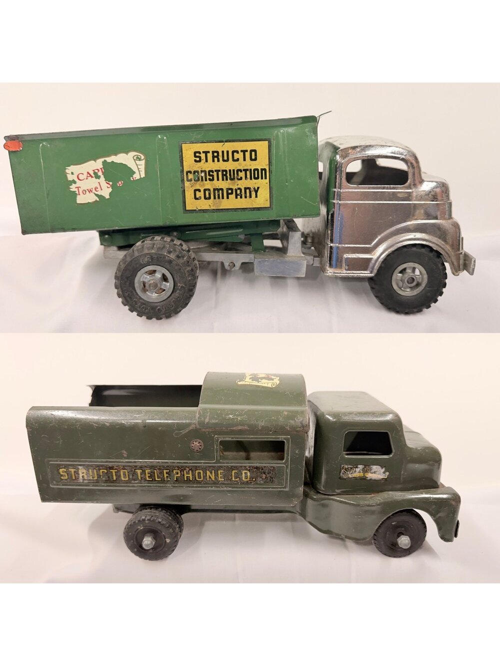 Bundle of 2 vintage trucks - Structo Pressed Steel Green Telephone trucks
